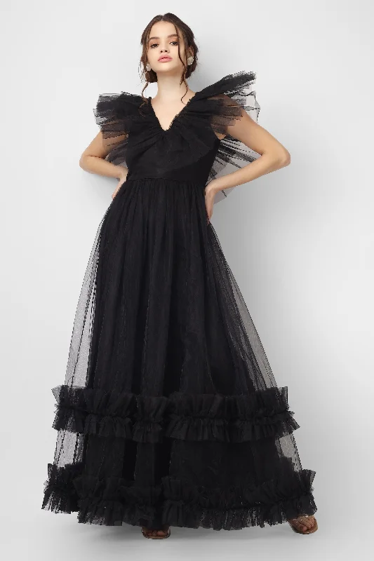 Peplum DressReina Black Tulle Maxi Dress