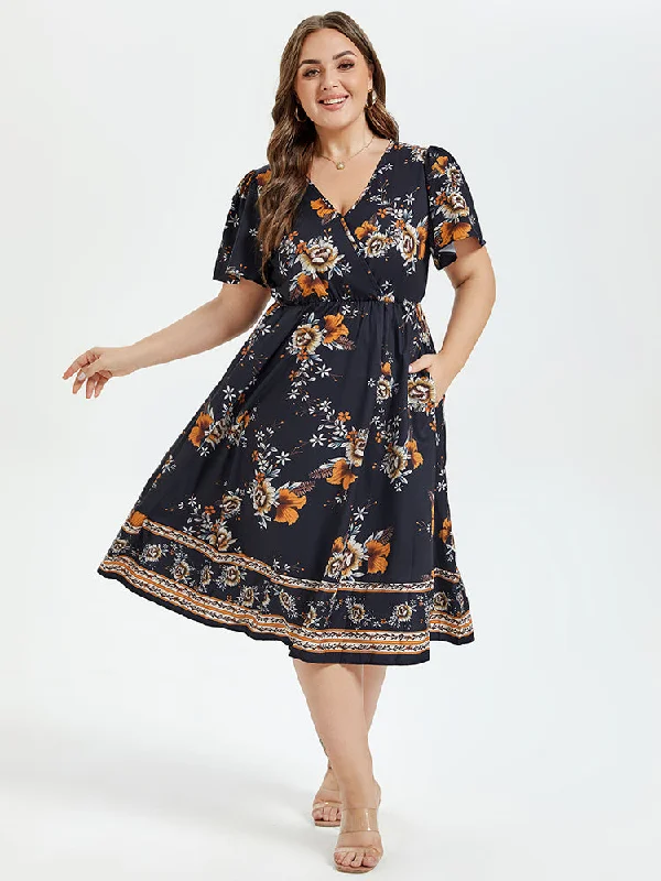 Glitter DressFloral Print V-Neck Butterfly Sleeve Elastic Waist Midi Dress