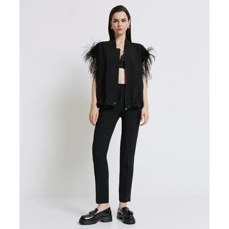 Access Fashion Black Sleeveless Jacket With Feathers