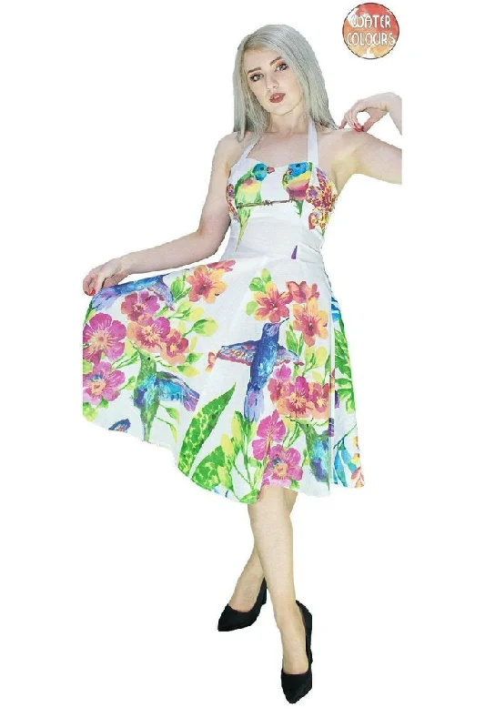 women's sustainable dressesExotic Birds and Flowers White Midi Dress - Ulani