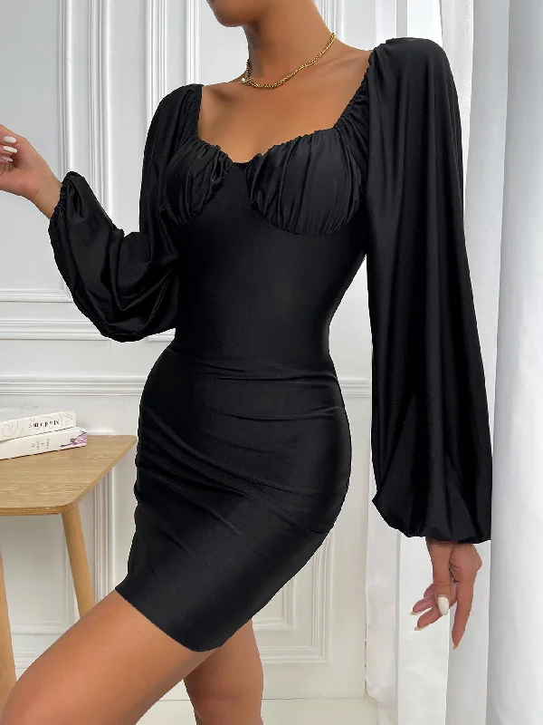 Tea-Length DressKittenAlarm - Ruched Bust Lantern Sleeve Bodycon Dress