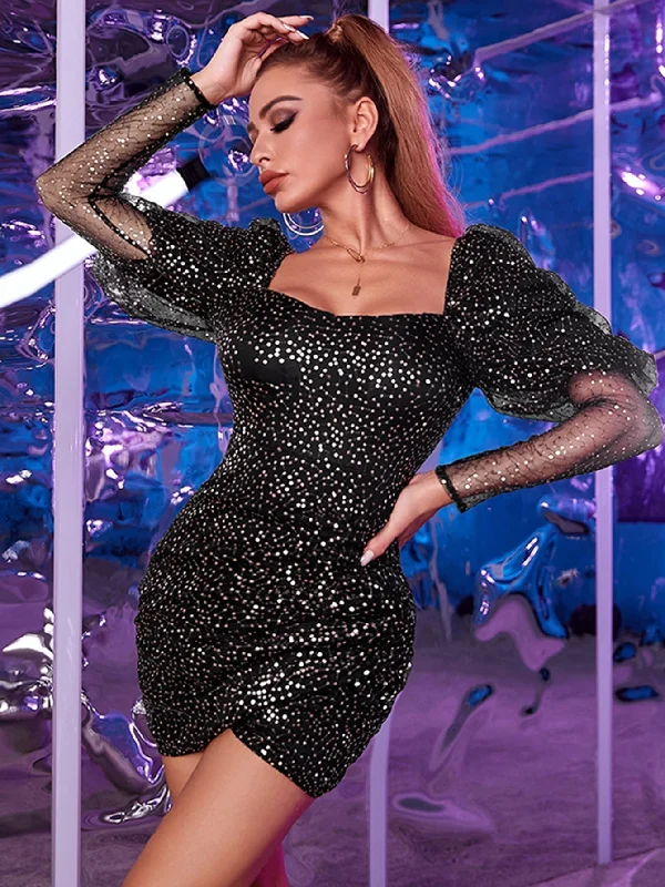 women's stretch dressesKittenAlarm - Gigot Sleeve Wrap Sequin Bodycon Dress