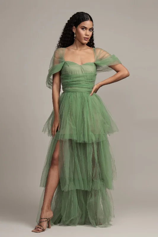 women's mini dressesSydney Off Shoulder Tulle Maxi Dress in Dark Sage