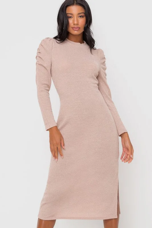 women's cold-shoulder dressesMolly Midi Dress in Beige