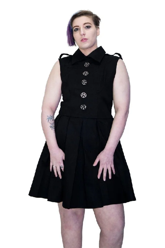 Wedding DressOccult Silver Pentagram Buttons Black Plus Size Midi Dress - Hattie