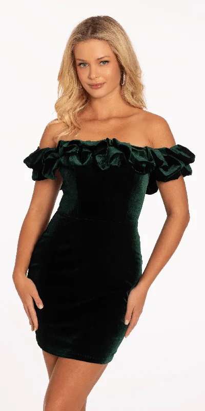 Neon DressRuffle Off the Shoulder Velvet Bodycon Dress