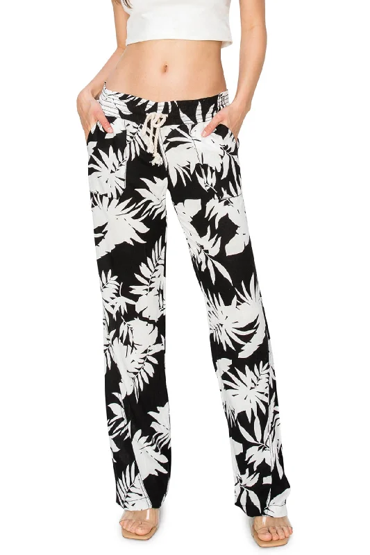 women's straight-leg pantsLinen Pants 32" Inseam Drawstring Smocked Waist Printed Beach Pants  - Black White