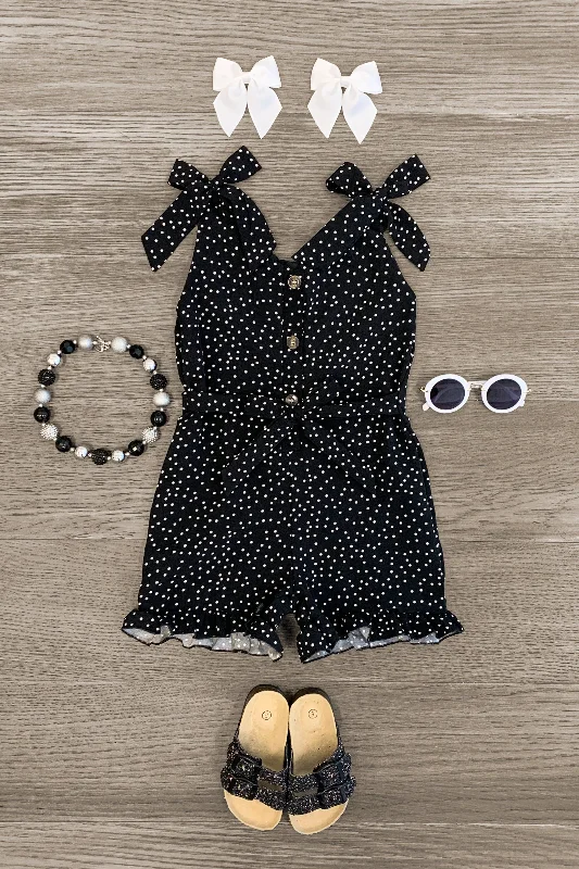 Velveteen DressBlack Polka Dot Tie Shoulder Romper