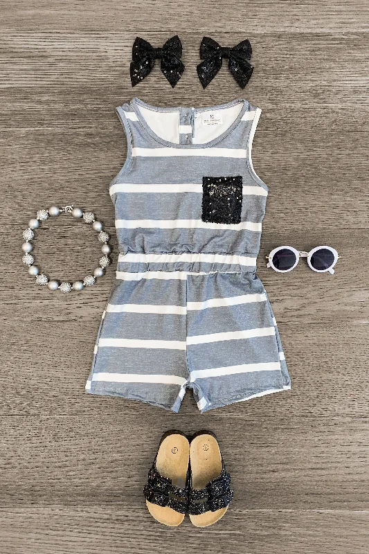 women's sheath dressesGray & White Striped Black Sequin Romper