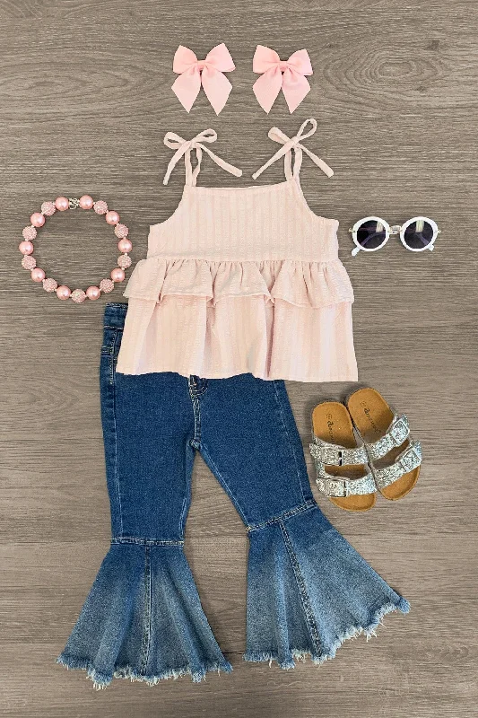 Ribbon DressLight Pink Denim Bell Bottom Set