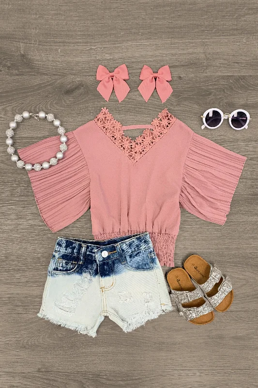 Long-Sleeve DressMauve Lace Blouse Distressed Denim Short Set