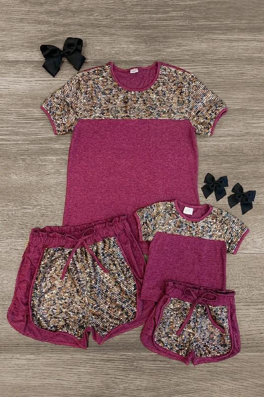 Short-Sleeve DressMom & Me - Plum Leopard Sequin Lounge Short Set