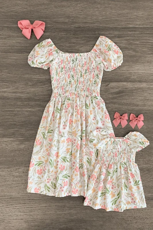 Ruffled Hem DressMom & Me - White Smocked Floral Dress