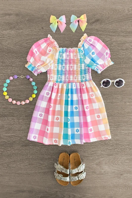 women's minimalist dressesPastel Rainbow Gingham Flower Dress