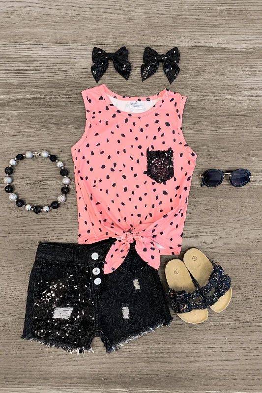 women's casual dressesPink & Black Spotted Sequin Denim Short Set