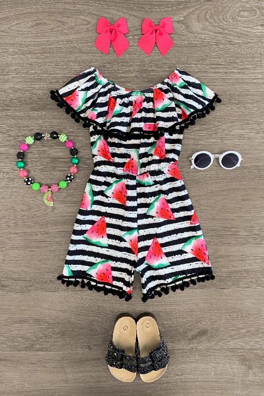 Sweetheart Neckline DressStriped Pom Pom Watermelon Romper