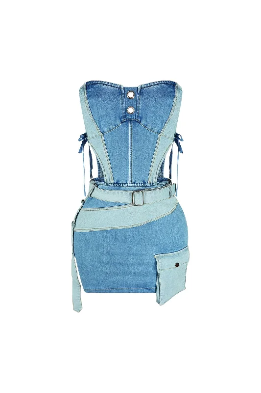 women's midi dressesTension Denim Color Block Strapless Dress