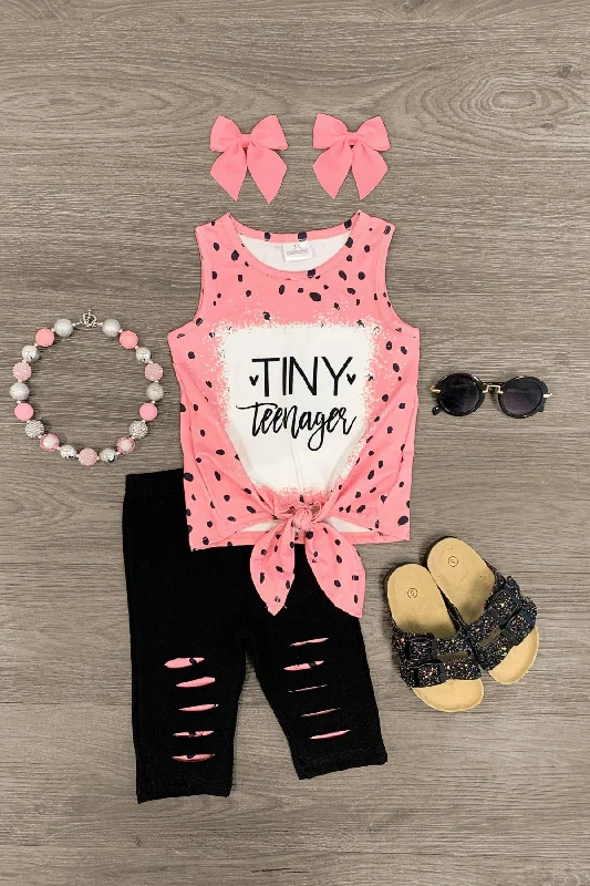 Casual Chic Dress"Tiny Teenager" Black & Pink Distressed Capri Set