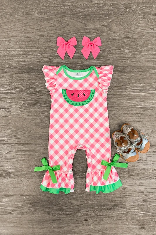 women's cotton dressesPink Plaid Watermelon Ruffle Romper