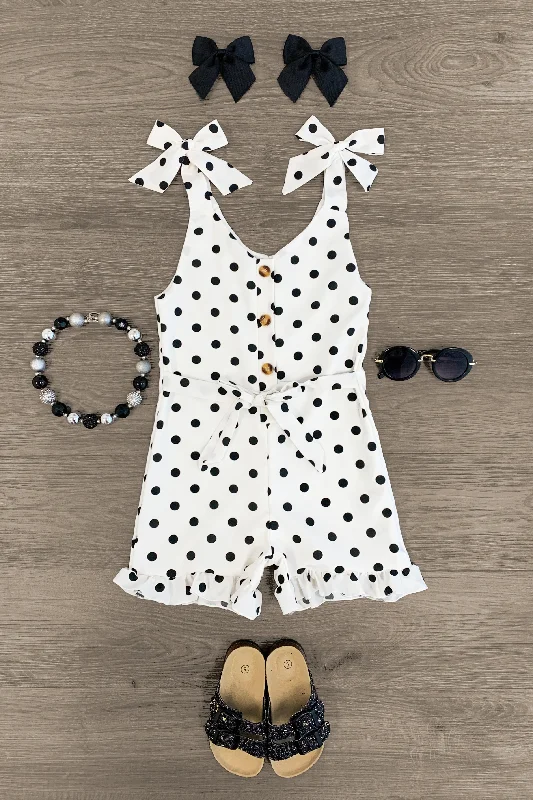 women's long-sleeved dressesWhite Polka Dot Tie Shoulder Romper