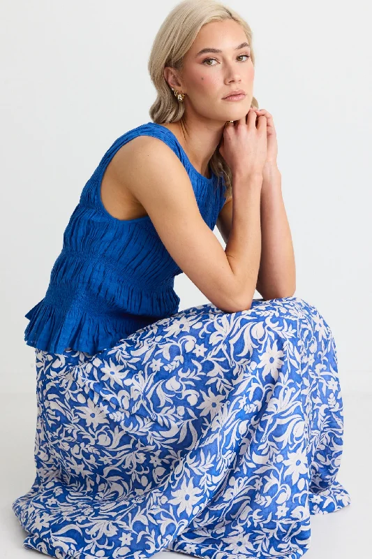 women's everyday casual skirtsAffinity Blue Batik Shirred Back Tiered Maxi Skirt