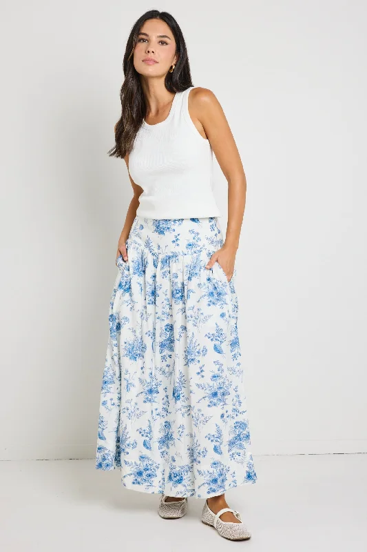 women's crochet maxi skirts for beach outingsAffinity Porcelain Print Shirred Back Tiered Maxi Skirt