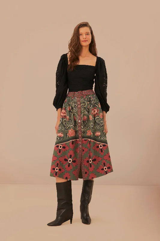 women's vintage leather skirtsArabesque Floral Green Buttons Midi Skirt