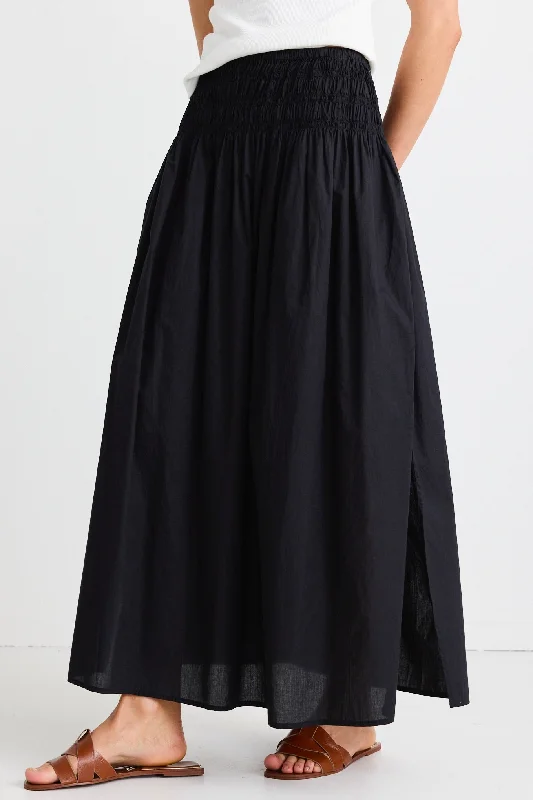 women's floral pleated skirtsFinch Black Cotton Shirred Waist Maxi Skirt