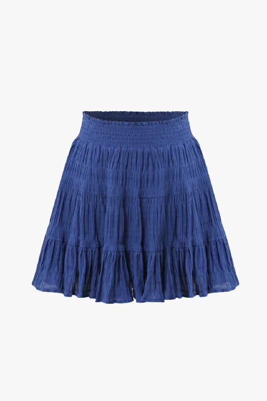 women's zip-up skirtsLexi Electric Blue Shirred Cotton Multi Tiered Mini Skirt