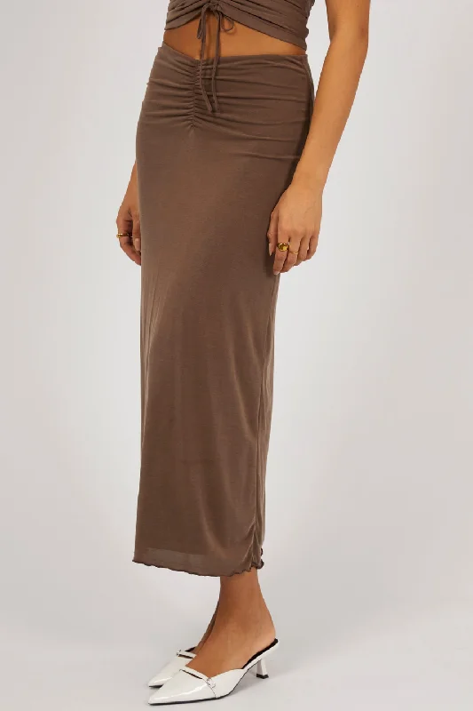 women's striped skirtsLuxe Brown Ruched Front Maxi Skirt