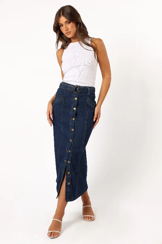 women's denim skirtsMelody Belted Denim Midi Skirt - Mid Wash