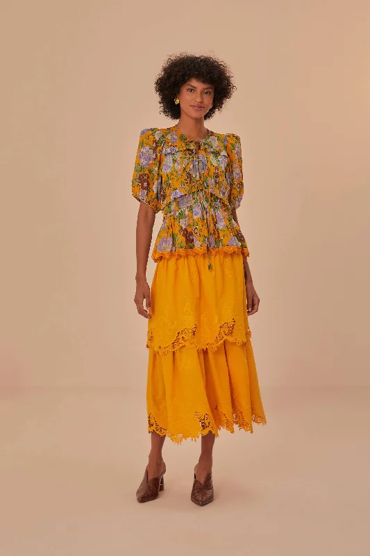 women's flowy midi skirts with pocketsYellow Mustard Tiered Lace Midi Skirt