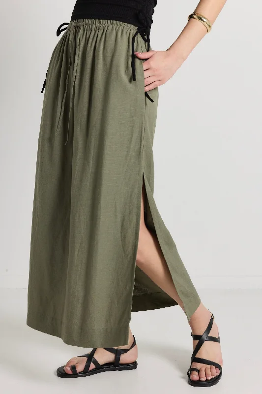 women's flowy skirtsNotion Khaki Linen Blend Side Split Midi Skirt