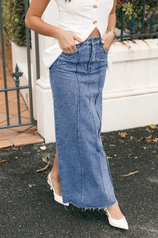 women's elastic-waisted skirts for pregnancyPeggie Denim Midi Skirt - Blue