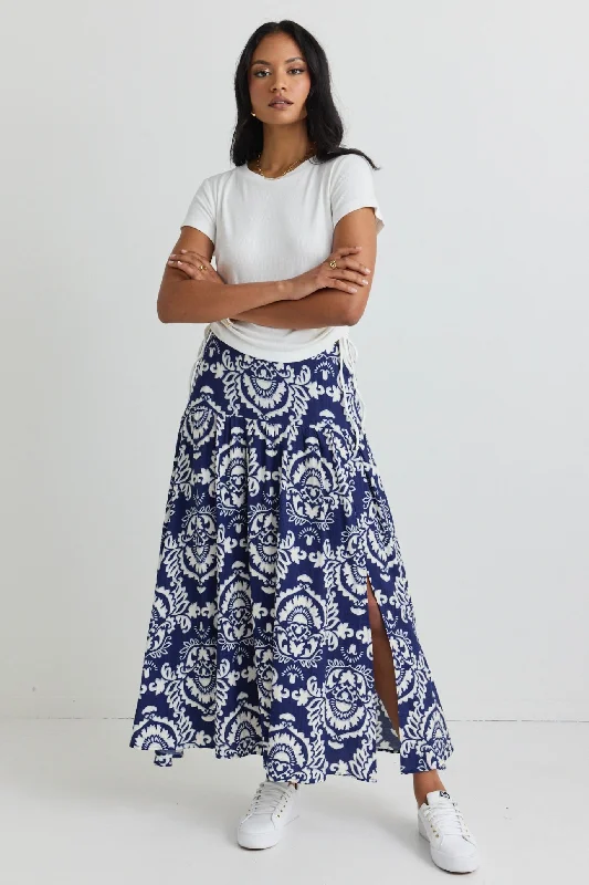 women's leather skirtsPisces Navy Tile Print Tiered Split Front Maxi Skirt