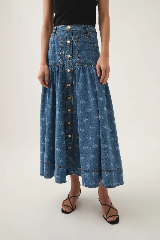 women's elastic waist skirtsRatio Logo Denim Midi Skirt