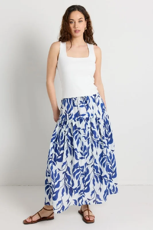 women's velvet skirtsRemedy Blue Leaves Print Tie Waist Tiered Maxi Skirt